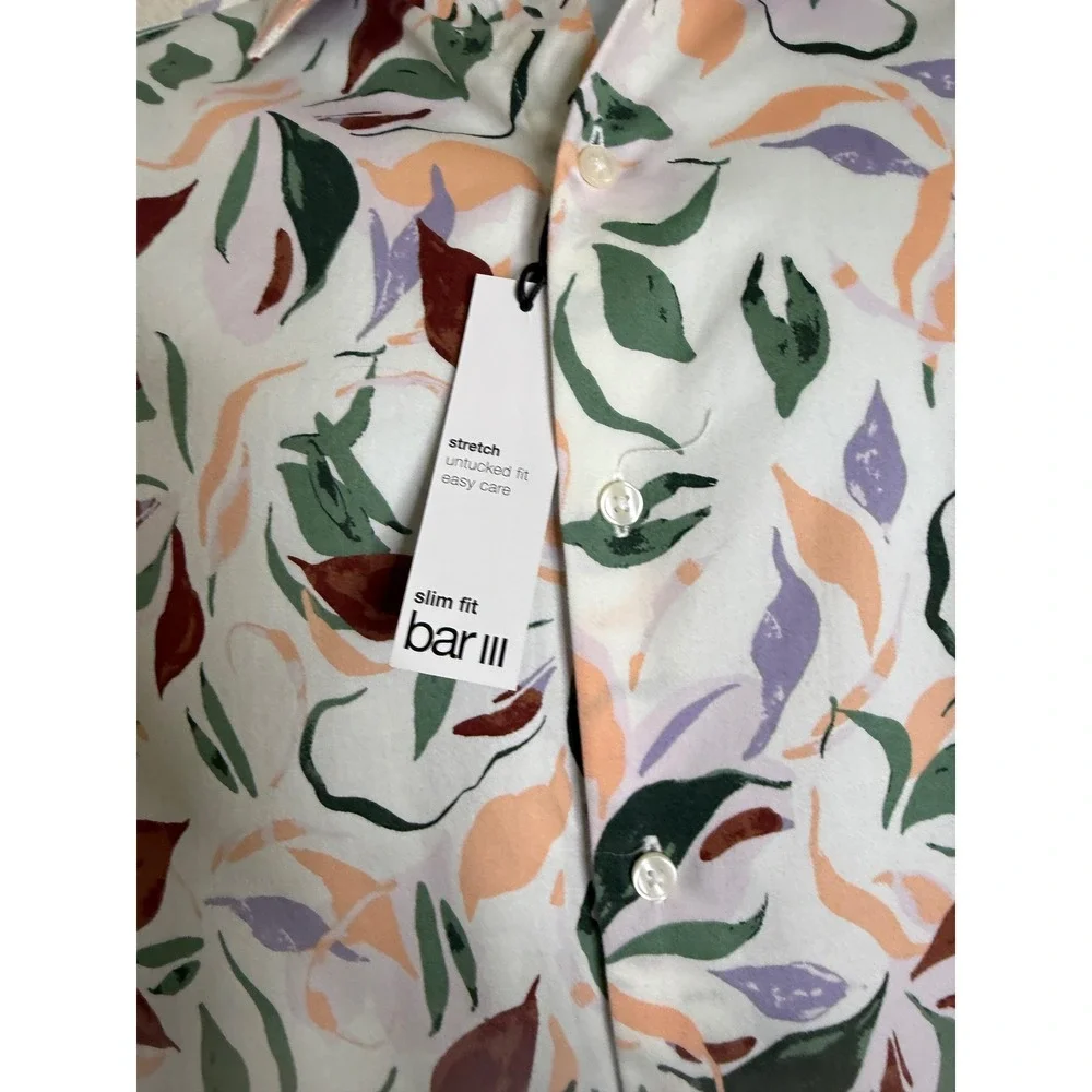 Bar III Mens L Button Down Shirt White Abstract Leaf Print Slim Fit Stretch NEW